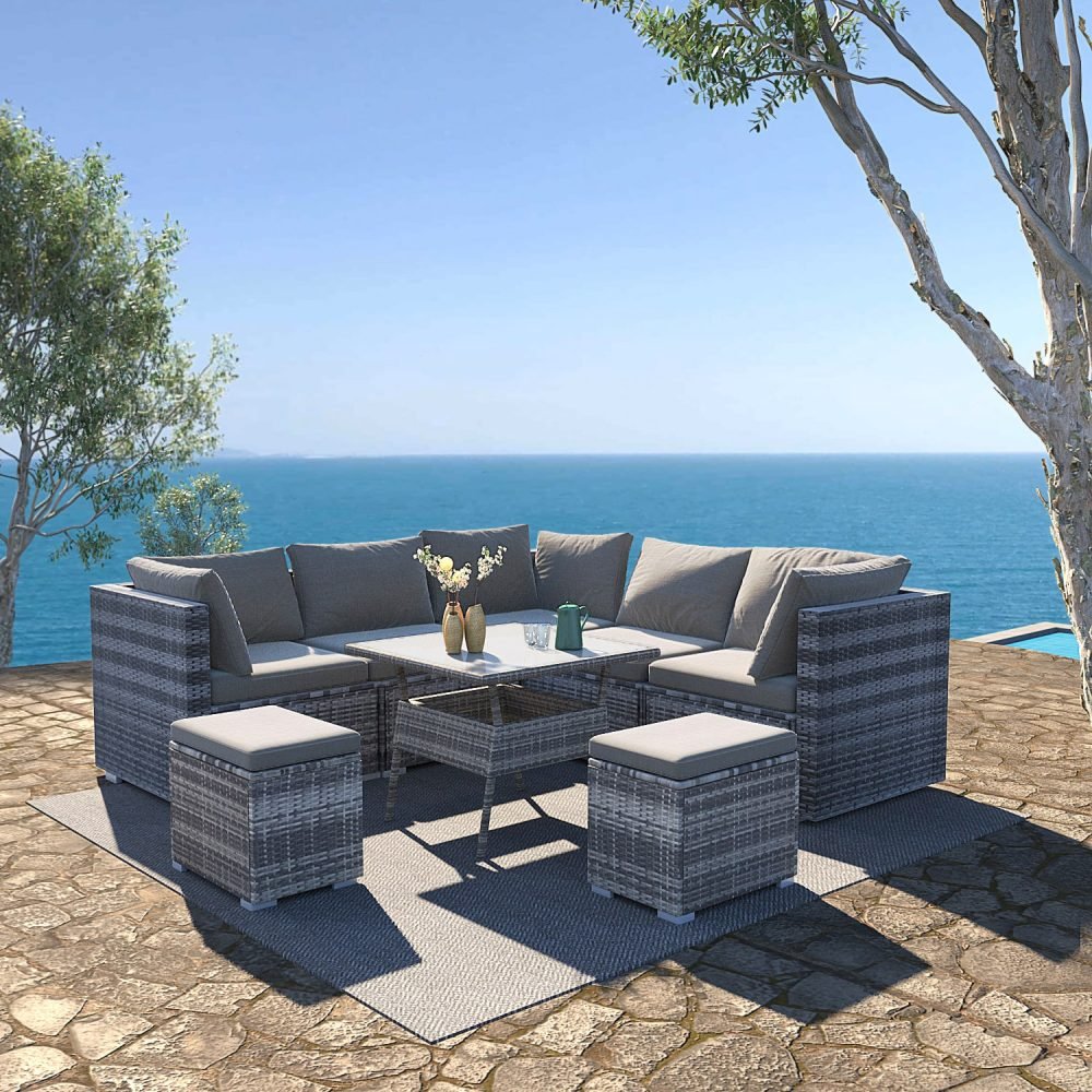 Outdoor Dining Set 8PC Wicker Table Chairs Grey
